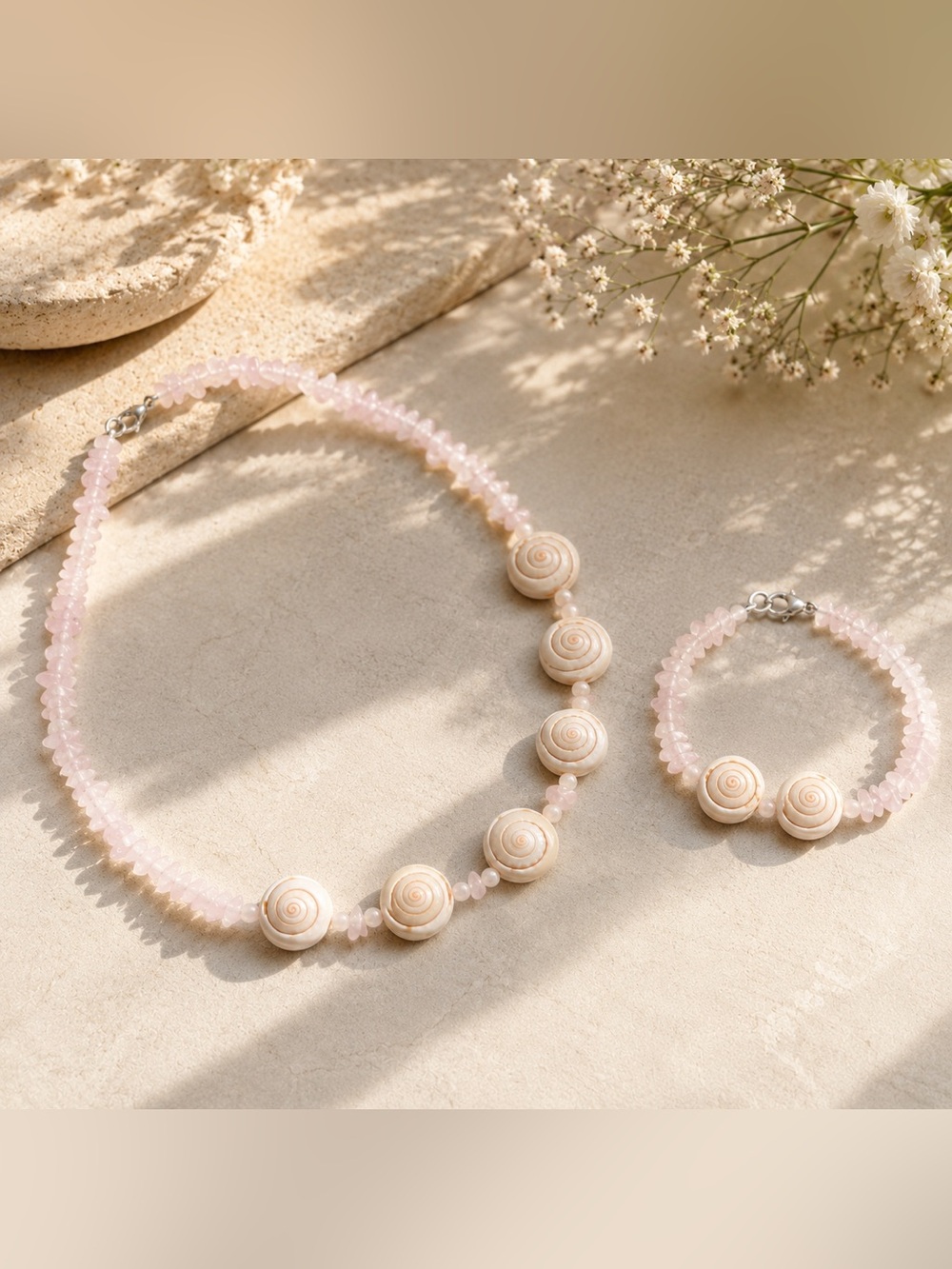 NEW 🐚Handcrafted Pink Shell Bead Necklace and Bracelet Set - Rose Quartz